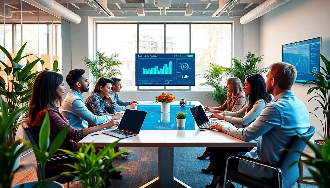 Collaborative environment showcasing an enterprise AI assistant aiding teamwork and productivity.