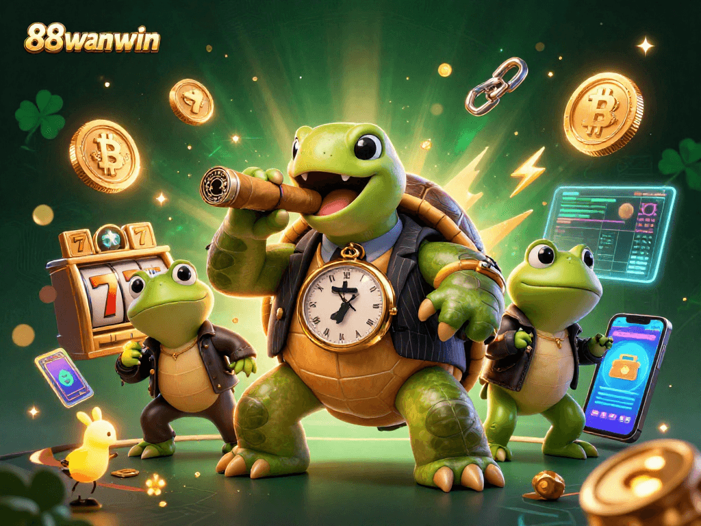 Engage with the immersive world of 88wanwin featuring a cartoon turtle in a casino-themed setting, surrounded by slot games and crypto elements.