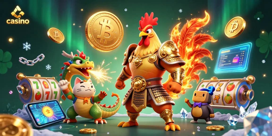 Engage with a vibrant casino scene featuring warriors, crypto coins, and festive elements.