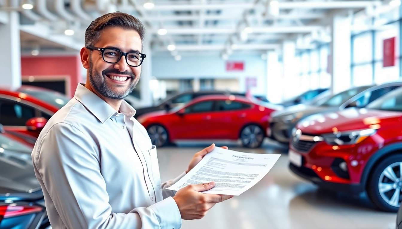 Customer receiving a car warranty with fast claims from a friendly agent in a bright showroom.