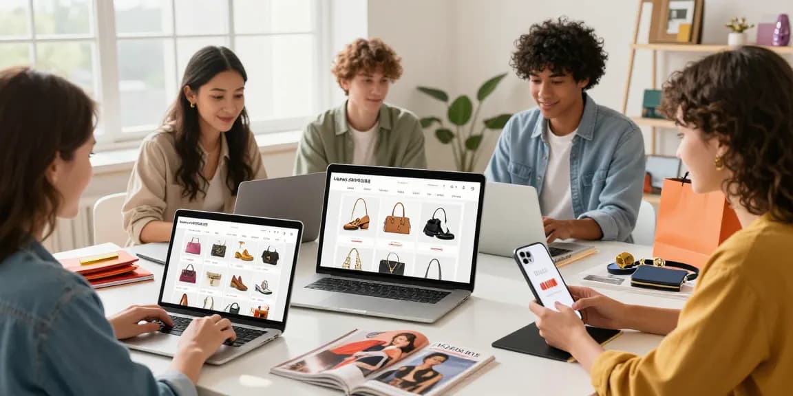 Shop the latest trends at 레플리카 쇼핑몰 with stylish individuals exploring luxury replica items on various devices.
