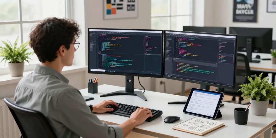 Vibrant tech workspace portraying a software developer at scenadomen.pl with coding monitors and creative elements.