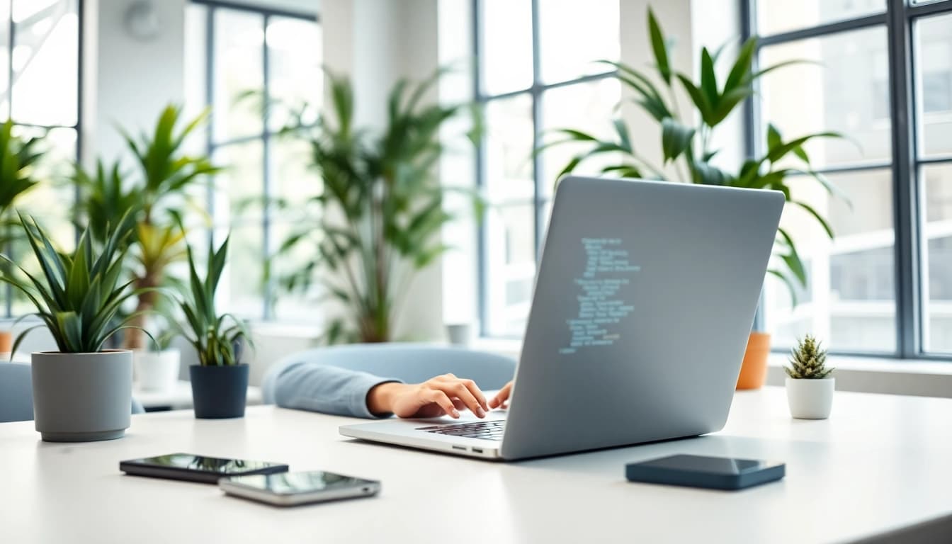 Engaging web developer at work on https://www.maeden.com/en, showcasing a modern office environment.