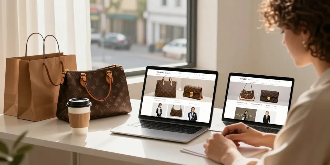 Luxury replica shopping scene showcasing stylish products on display while browsing e-commerce site.