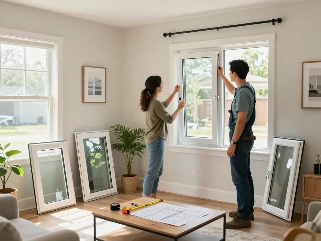 Window replacement consultation in a bright living room with homeowner and contractor.