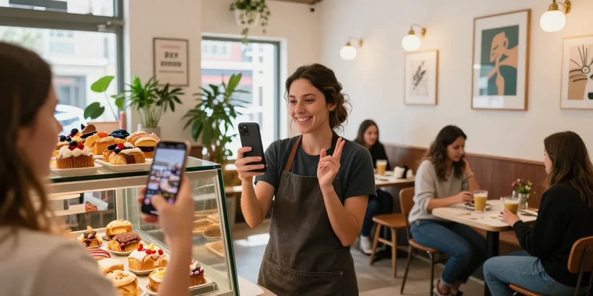 Guide for local business owners for social media takeover showcasing a café owner engaging with customers while posting on Instagram.