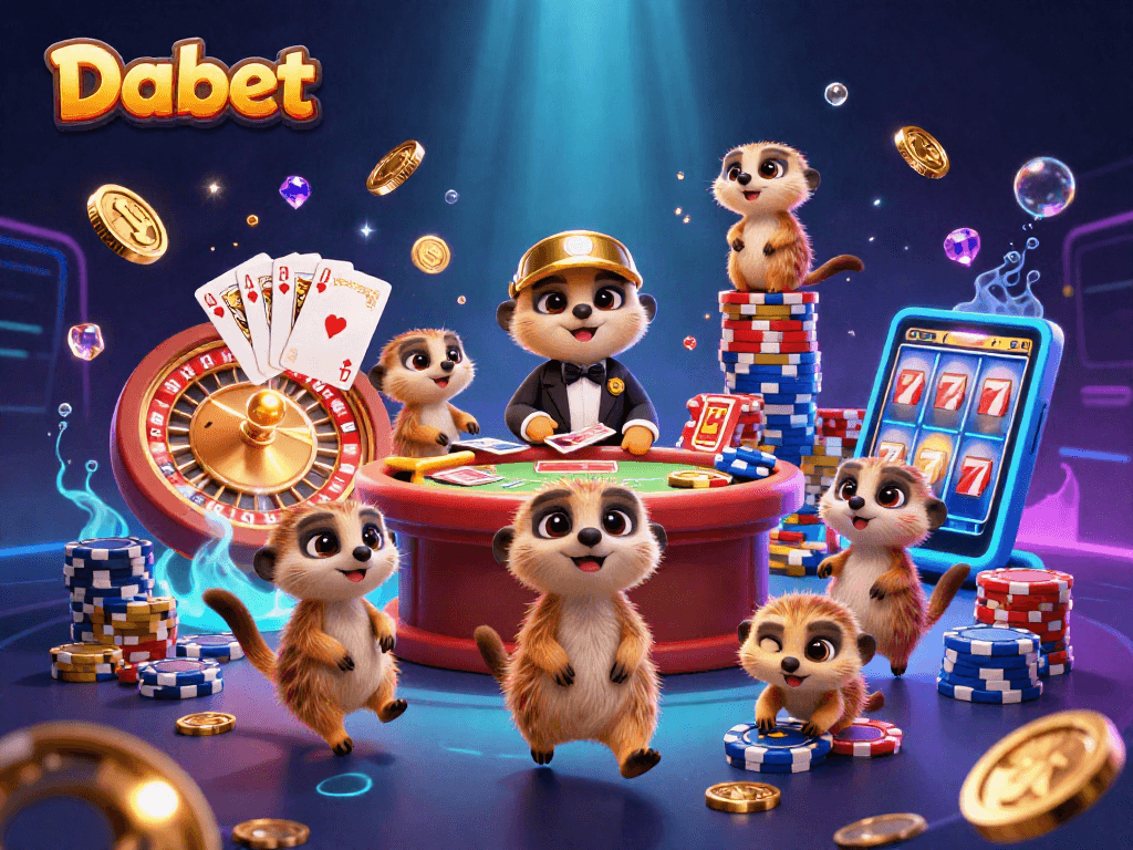 Dabet's meerkat-themed casino bursts with action, showcasing a vivid 3D scene filled with chips and golden rewards.