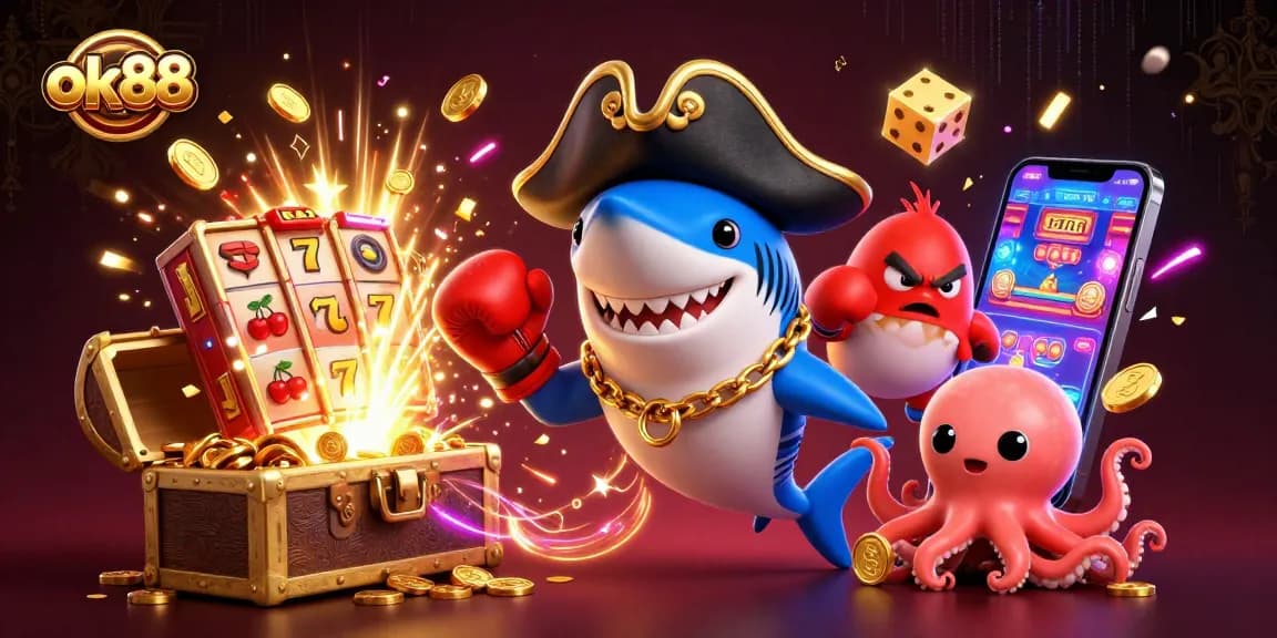 Spin the reels of ok88 with a pirate shark, pufferfish, and octopus celebrating jackpots!