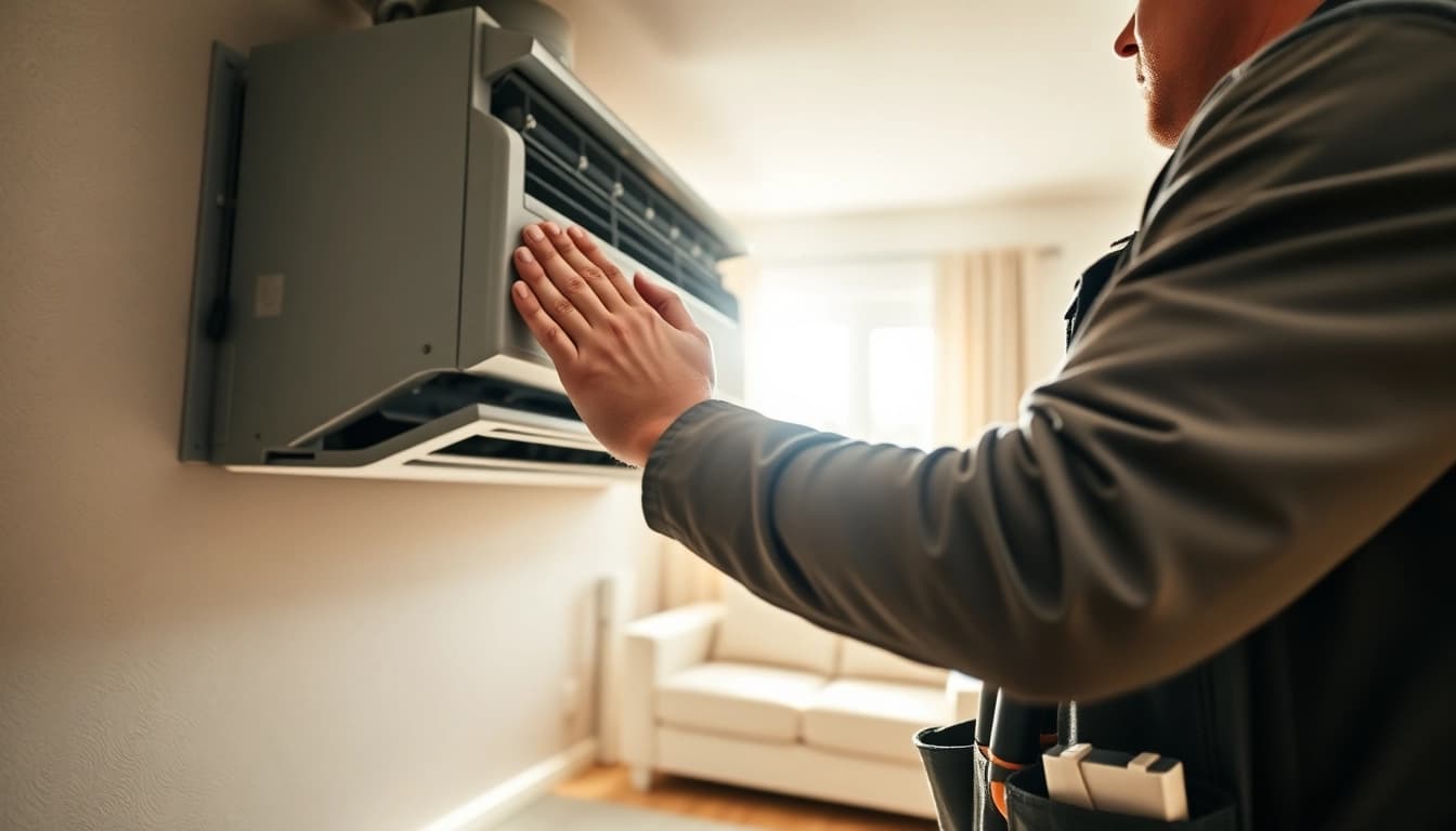 Expert HVAC repair Mt Kisco service technician fixing air conditioning unit in a home.