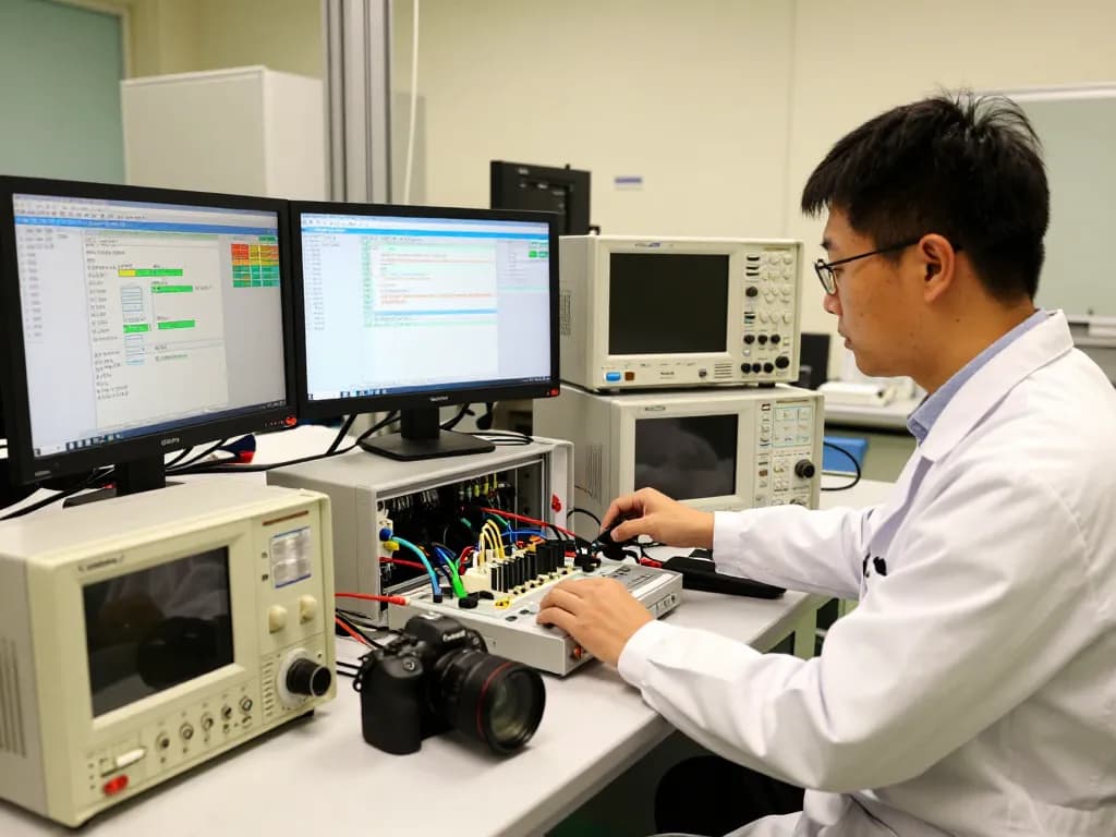 Engineer performing Electromagnetic compatibility Testing in advanced lab with high-tech equipment.