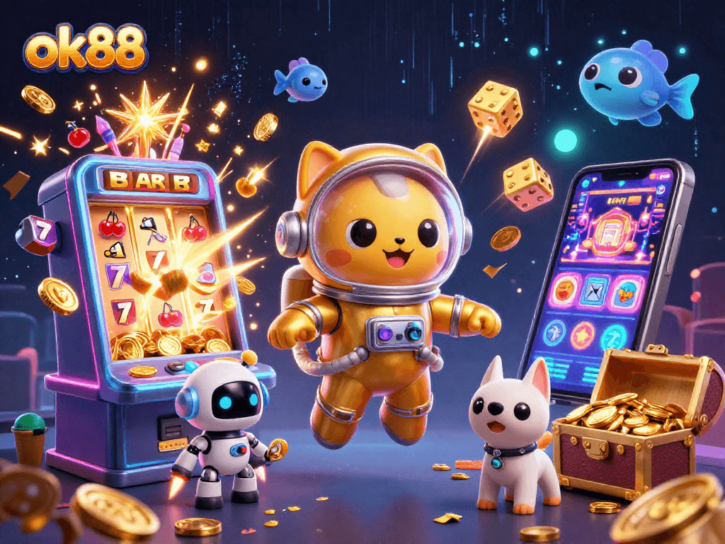 Spin the reels at ok88's vibrant casino, featuring colorful characters and jackpot elements.