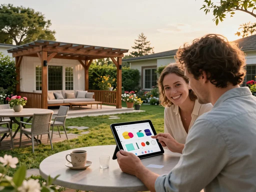 Couple utilisant un configurateur pergola avec devis sur tablette dans un jardin serein avec divers designs de pergola.