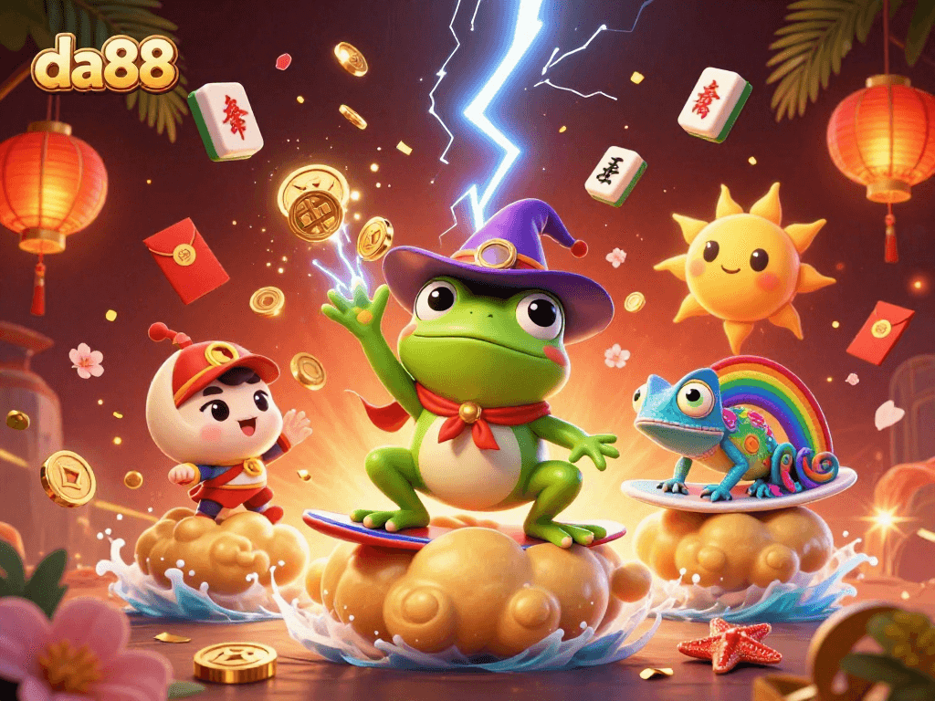 Experience the thrill of da88 with a magical illustration featuring a wizard frog and vibrant gaming elements.