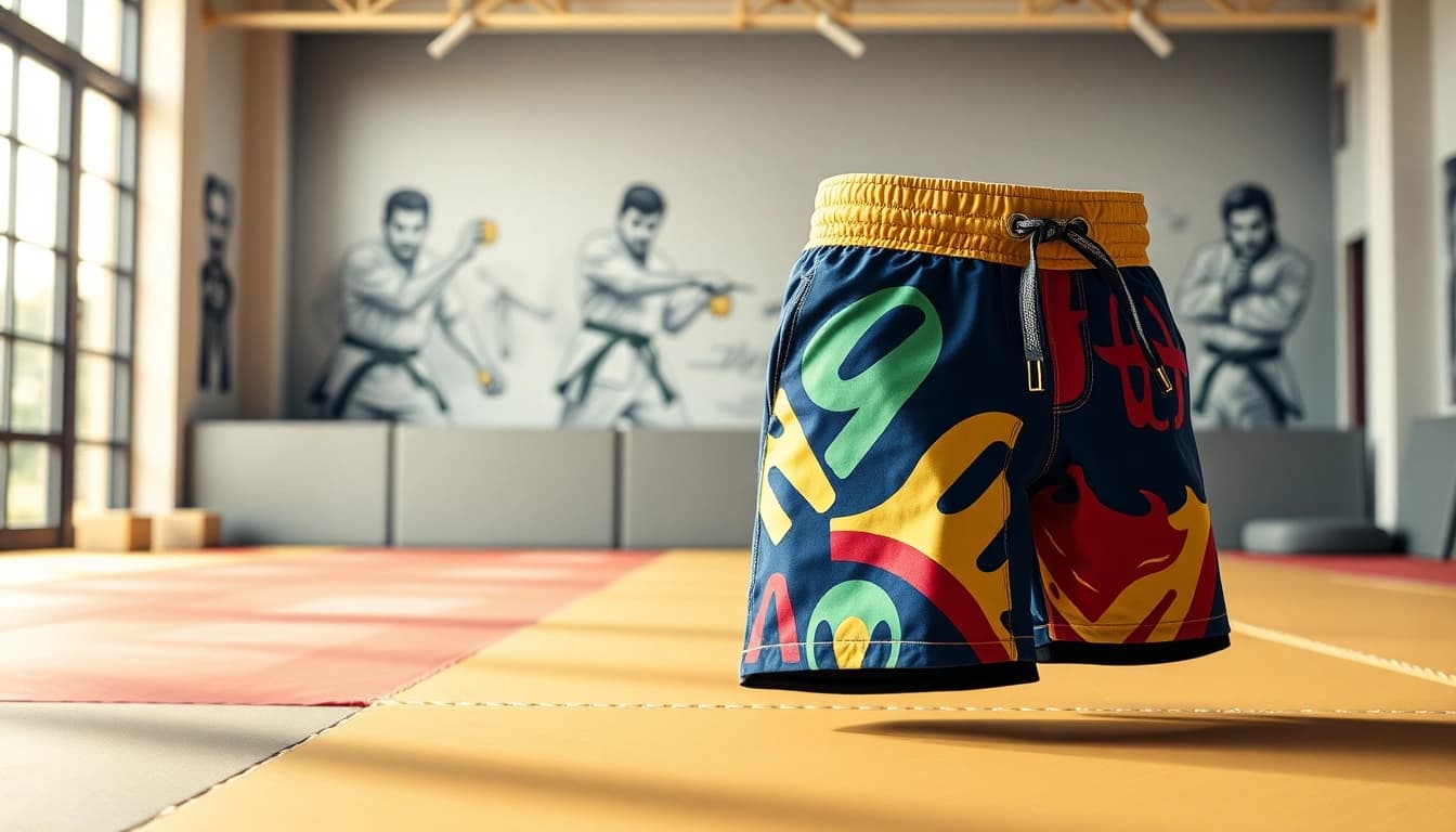 Feature Brazilian Jiu-Jitsu shorts in vibrant styles showcasing similar variations for martial arts training.