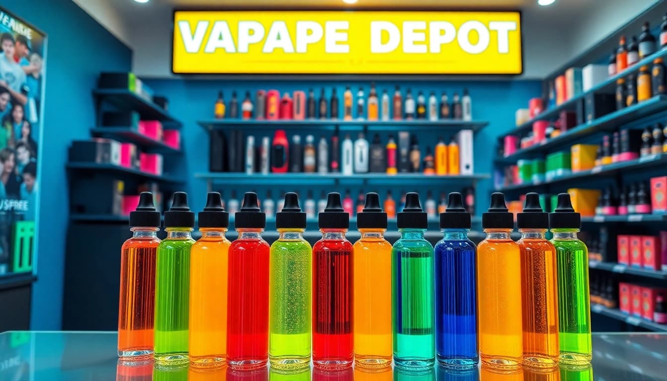 Showcasing a variety of colorful vape juice bottles and products at Vape Juice Depot.