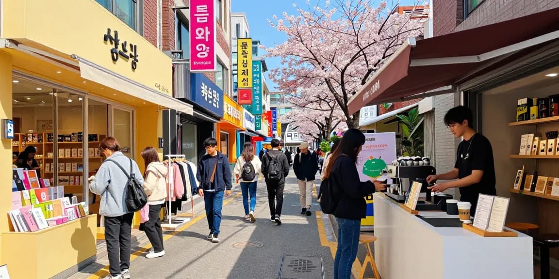 Engaging scene of shoppers at a trendy boutique in Seoul, with vibrant products and cherry blossoms, highlighting urban retail experiences.