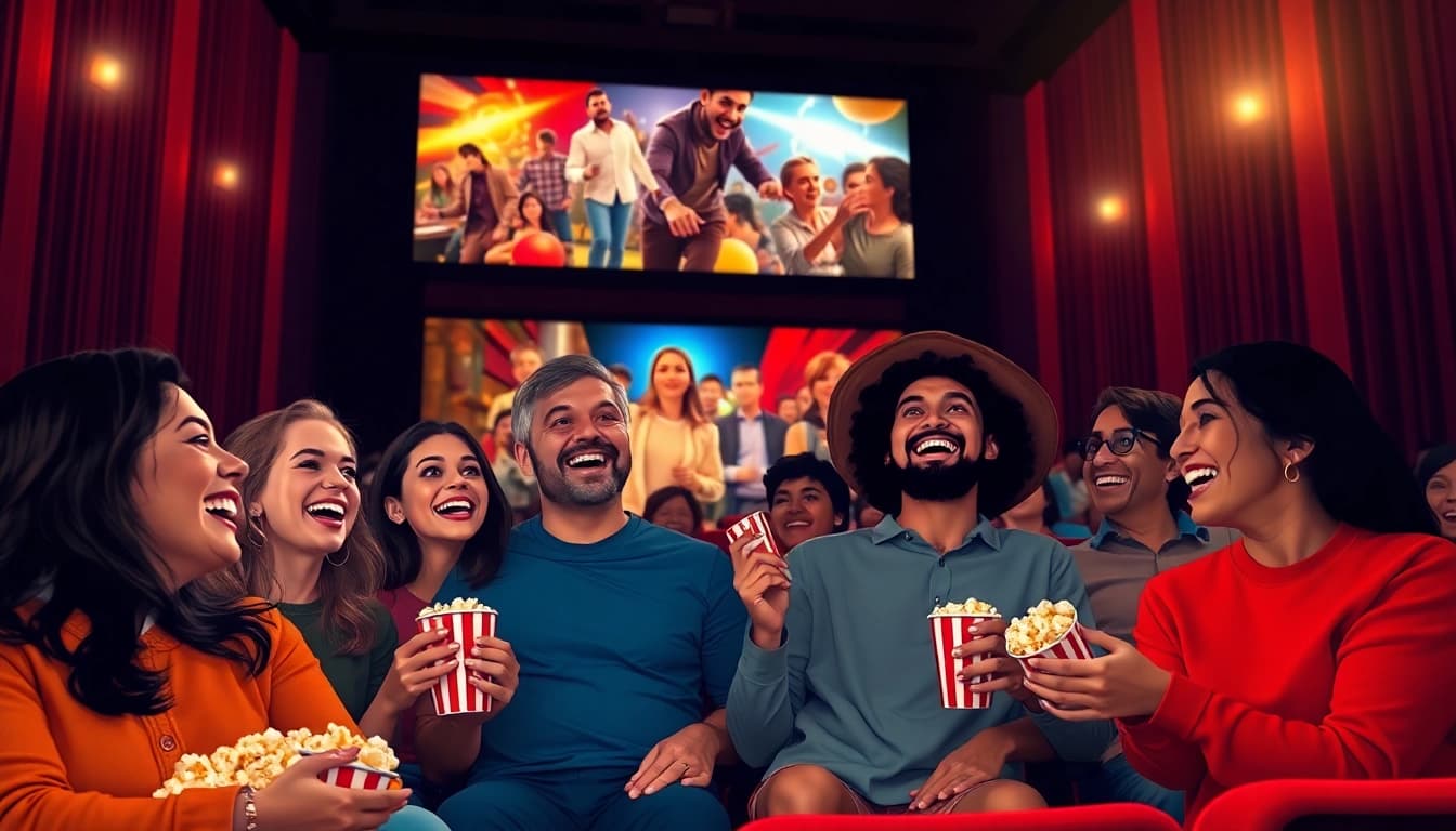 Enjoy ดูหนังออนไลน์ with friends in a lively movie theater atmosphere showcasing laughter and excitement.