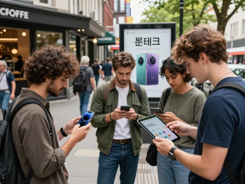 도시 거리에서 다양한 개인들 간의 폰테크 디지털 거래, 현대 기술을 보여줍니다.