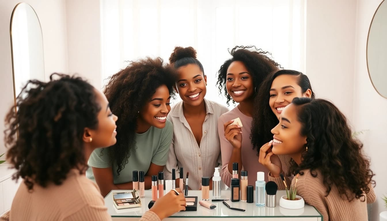 Easy beauty tutorial in a bright, modern studio with diverse individuals applying makeup.