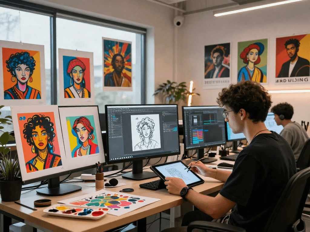 Artists using NSFW AI tools in a vibrant digital art studio, creating expressive content.