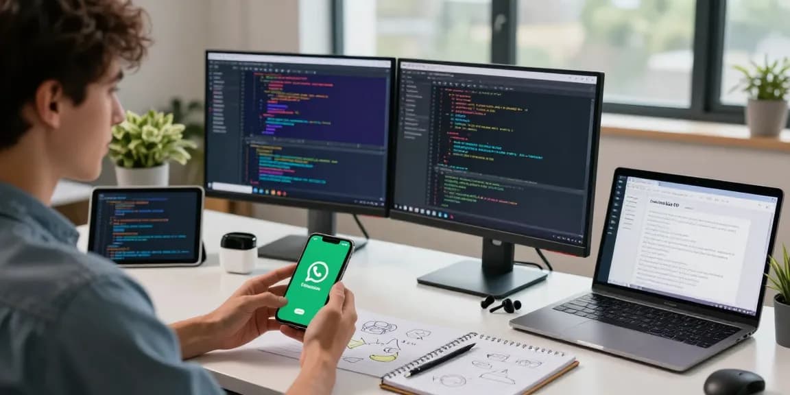 Engaging workspace illustrating WhatsApp下載 on a smartphone amidst tech tools and a vibrant development environment.