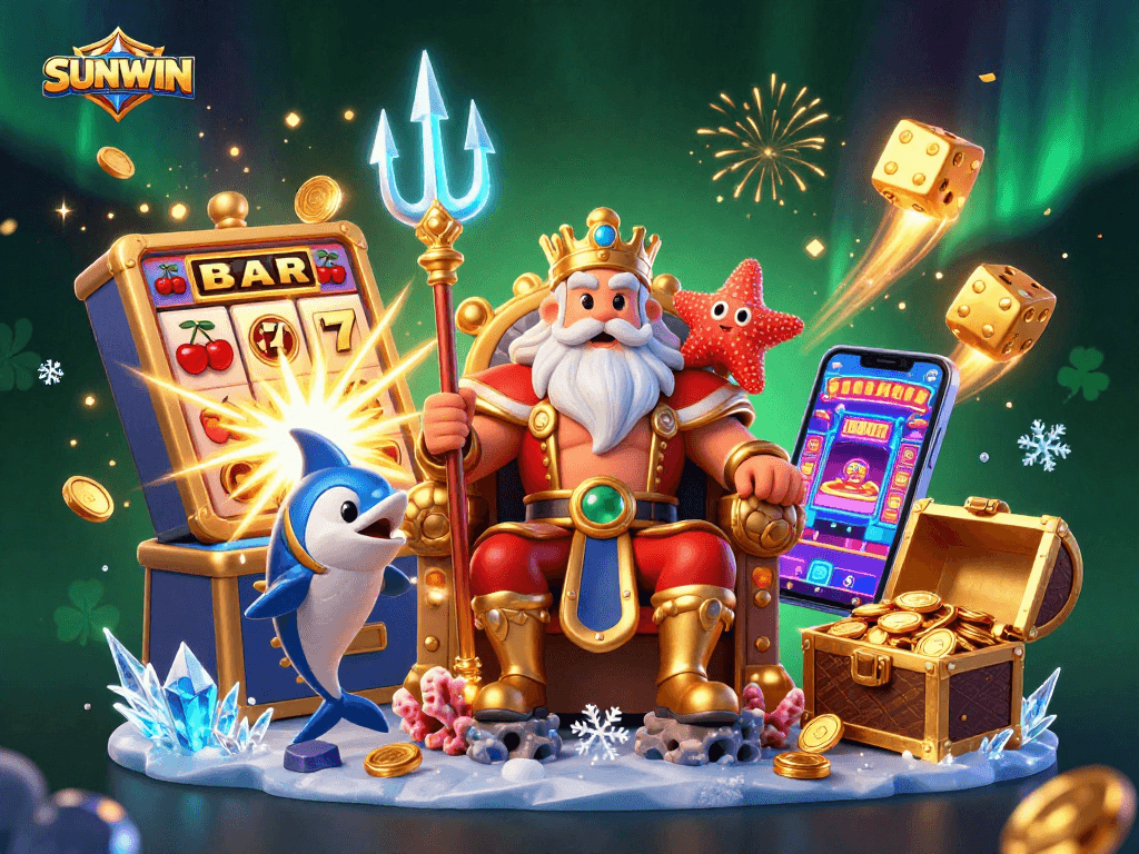 SUNWIN offers thrilling gaming experiences; join the adventure with Neptune's treasure in this vibrant casino scene.