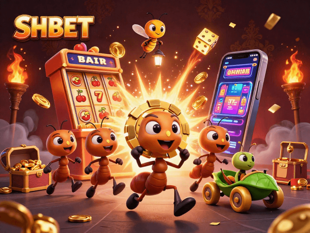 Teams of fun cartoon ants carry a giant golden poker chip at SHBET with vibrant casino action surrounding