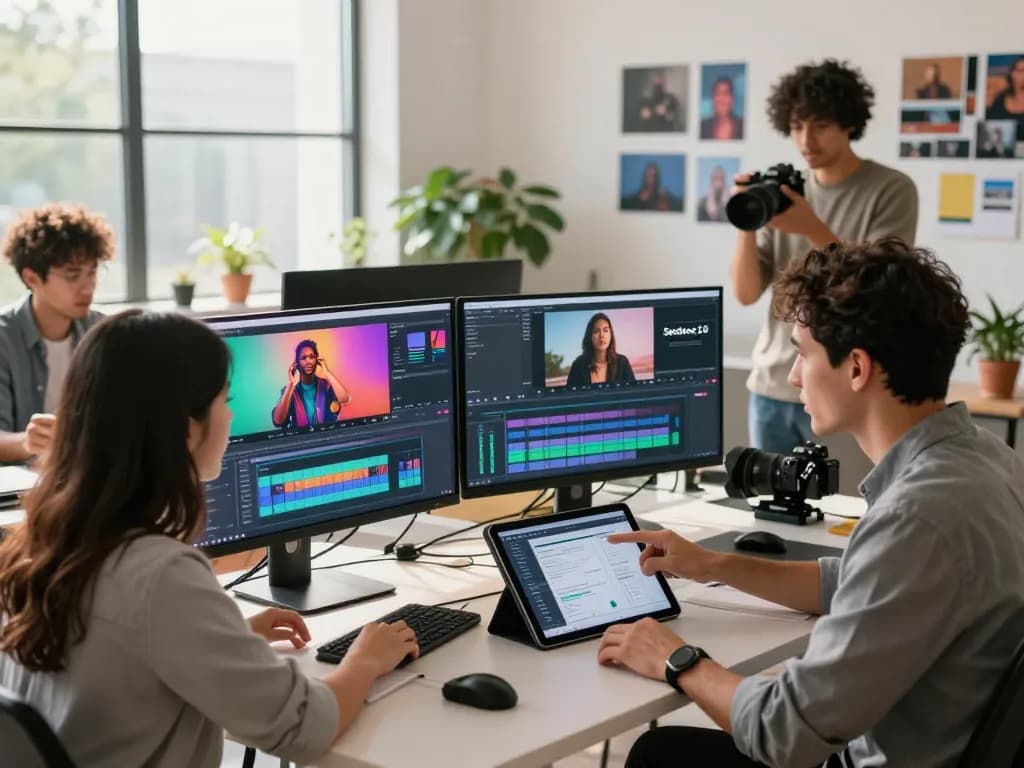 Team of creators using seedance 2.0 in a vibrant video editing studio, showcasing dynamic visual collaboration and technology.