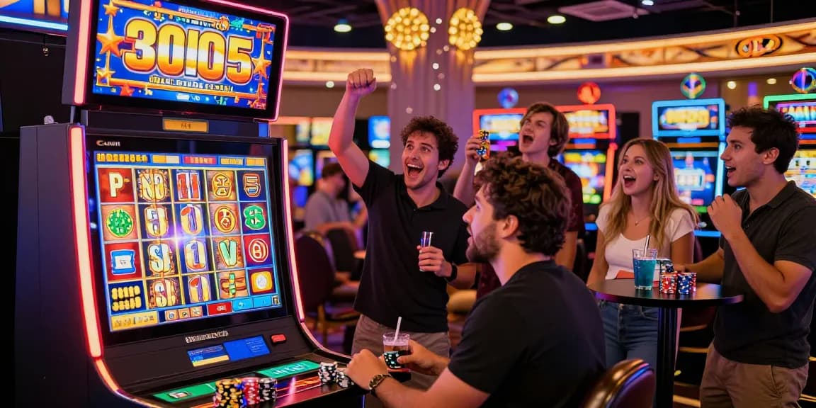 Excited group of players celebrating potential slot jackpot on a vibrant casino floor.