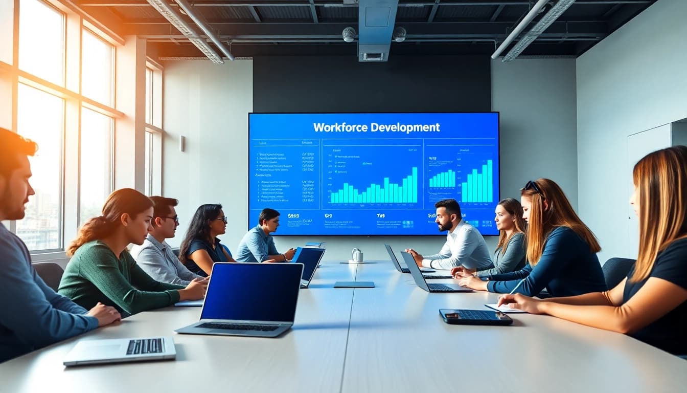 Enhancing workforce development in a vibrant meeting, showcasing collaboration and digital tools.