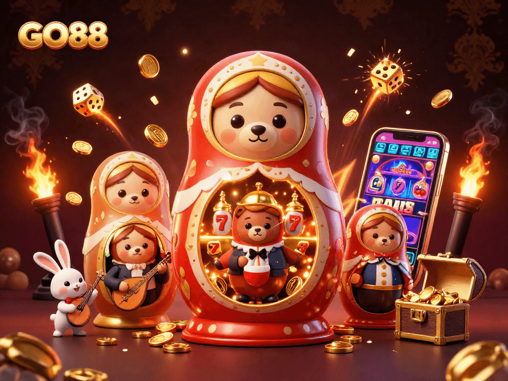 Engage in exciting gameplay at GO88 with vibrant characters and casino elements bursting with energy.