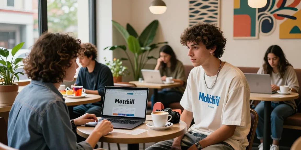 Engaged young adults discussing Motchill while enjoying coffee in a trendy café, vibrant urban atmosphere.