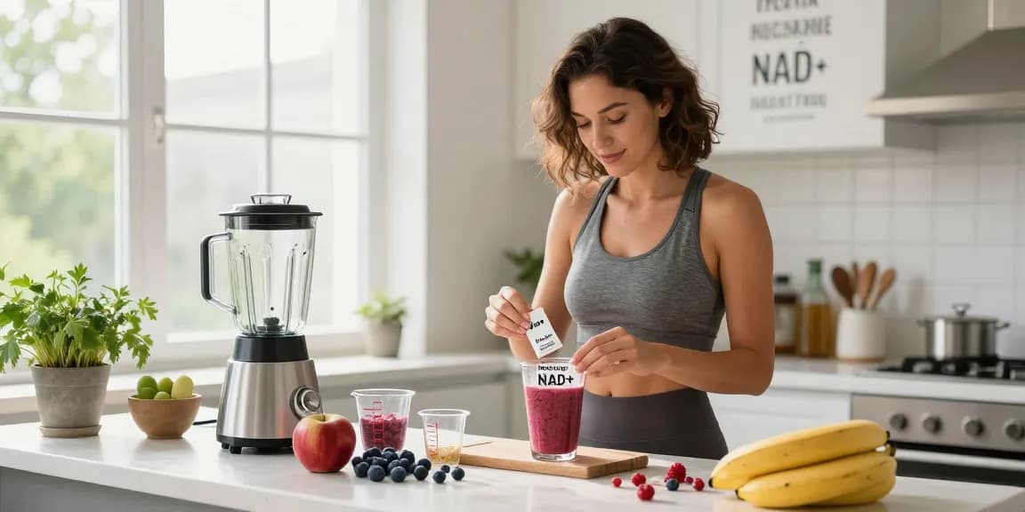 NAD+ benefits highlighted in a vibrant kitchen smoothie preparation scene with fresh ingredients and Recharge NAD+ Buccal Strips.