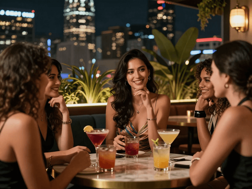 diyarbakır escort ile eğlenceli bir gece hayatı sahnesi, şık bir kadın arkadaşlarıyla birlikte lüks bir barda.