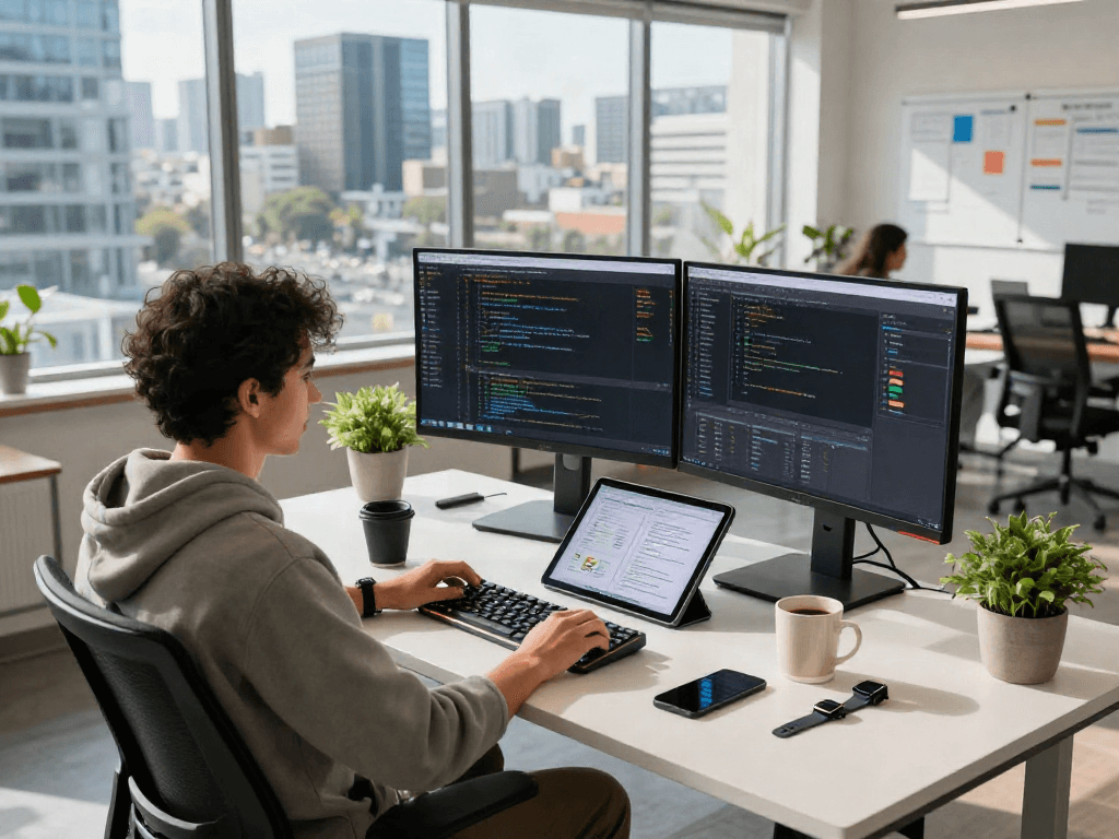 Developer coding on dual monitors showcasing bro138 software tools in a modern workspace.