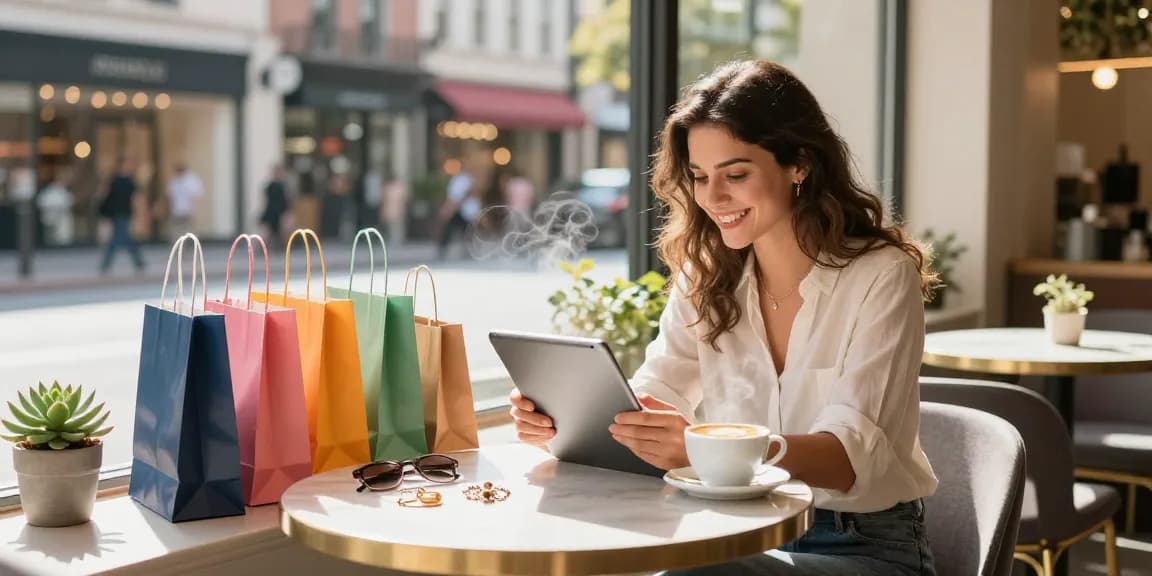 Young woman enjoying browsing Motchill products at a stylish café, showcasing urban lifestyle.