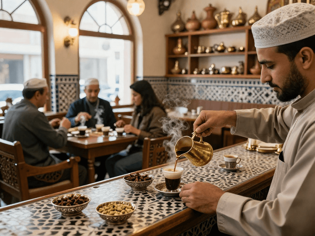 قهوجي وصبابين يصبون القهوة العربية في مقهى تقليدي مع أجواء دافئة