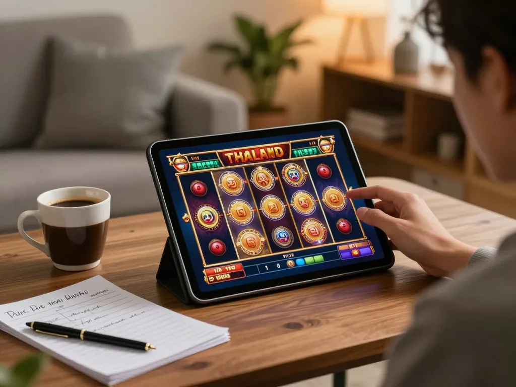 Playing slot Thailand on a tablet in a cozy home with notes and a coffee cup.