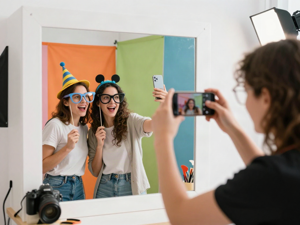 Person engaged in a fun photo booth activity to discover how old do I look with colorful props and cheerful expressions.