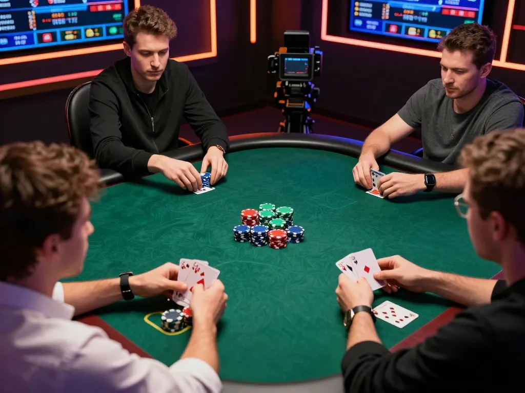 Players engage in strategic poker gameplay at 8k8 online casino with vibrant atmosphere and colorful chips.