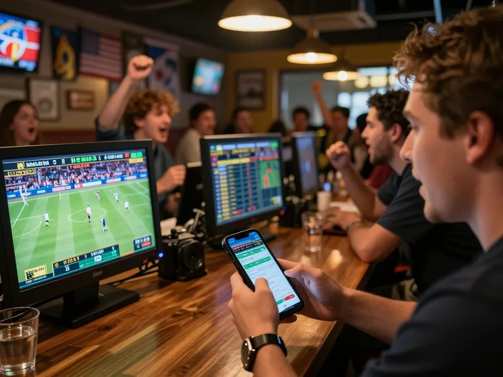 Person engaging in sports betting via mobile app at a lively sports bar, highlighting uu88 okwin's exciting game night experience.