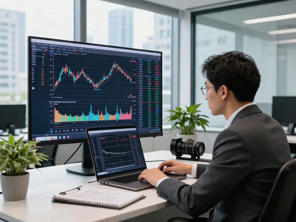 KOSPI index statistics analysis in a modern office with digital charts and financial insights.