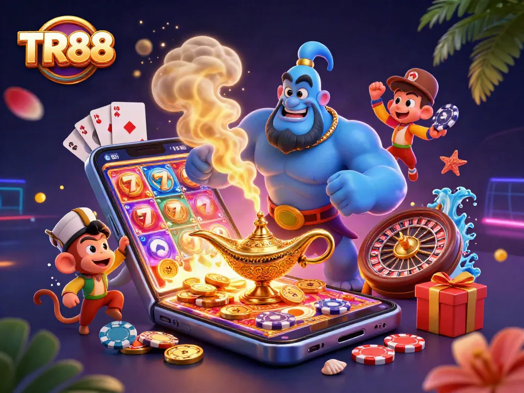 Spin the reels of TR88's vibrant casino world featuring a blue genie and Aladdin's monkey.