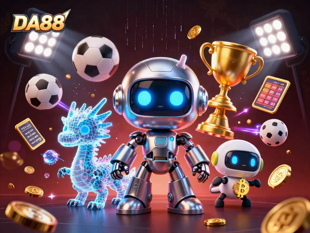 Play games at DA88 with an exciting 3D illustration of a cyberpunk robot and sports elements.