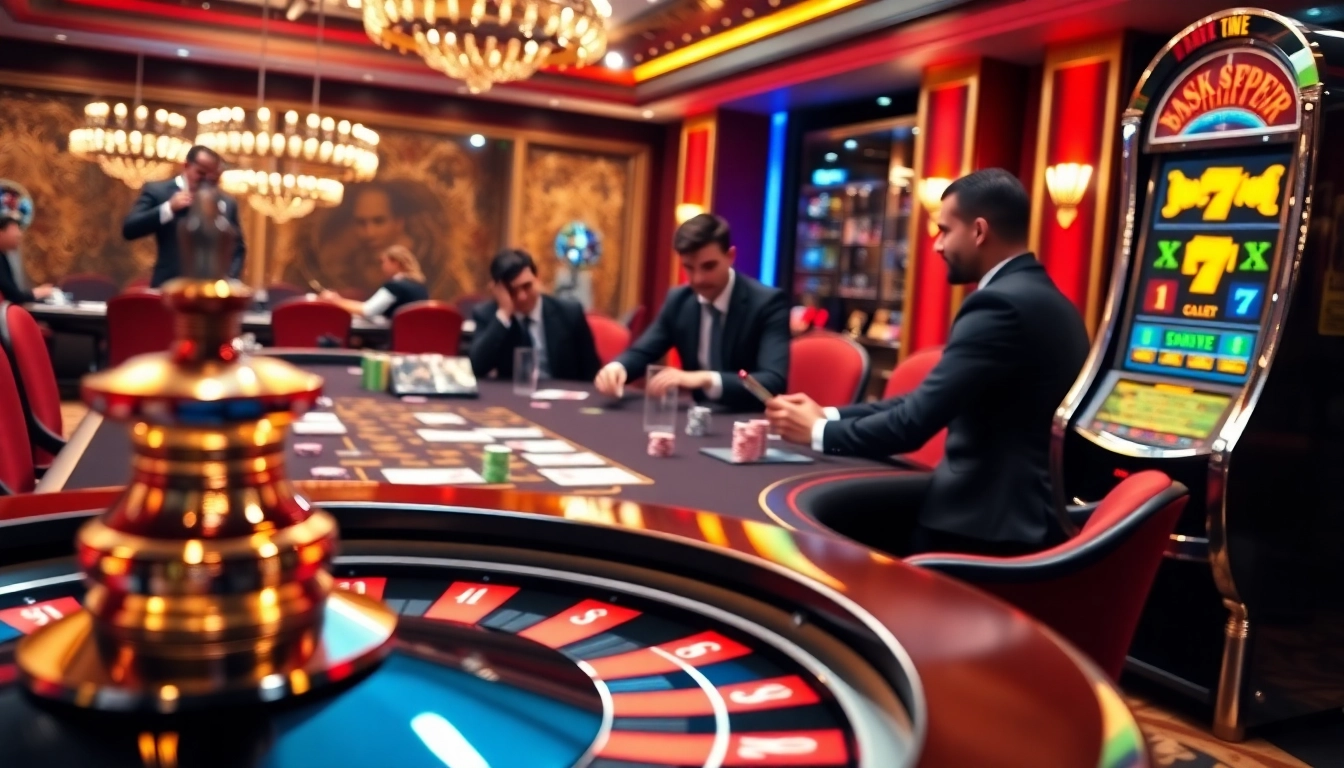 L'atmosphère palpitante d'un meilleur casino en ligne avec une partie de poker vibrante et une roue de roulette.