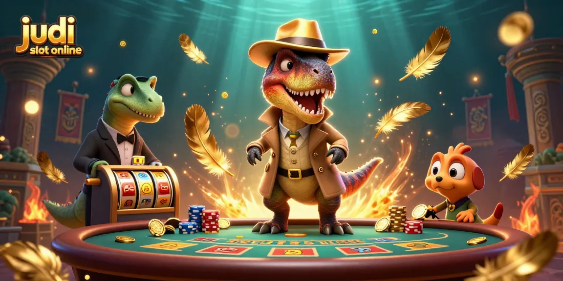 Experience the thrill of judi slot online with a cartoon velociraptor at a blackjack table!