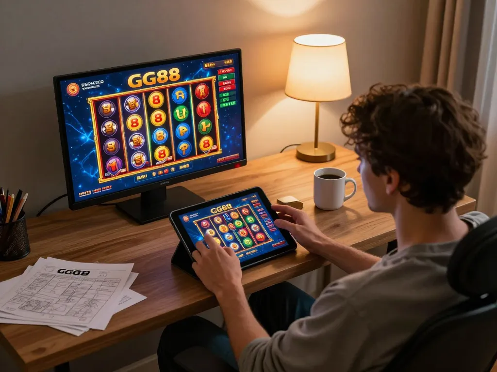 Person enjoying GG88 slot game on tablet in a cozy home setup.