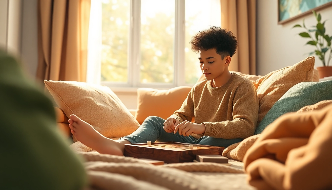 A person enjoying games to play by yourself in a cozy indoor setting with board games.