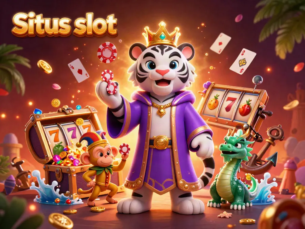Engage with the thrill of Situs slot featuring a majestic white tiger, playful monkey, and jade dragon amid lively slot elements.