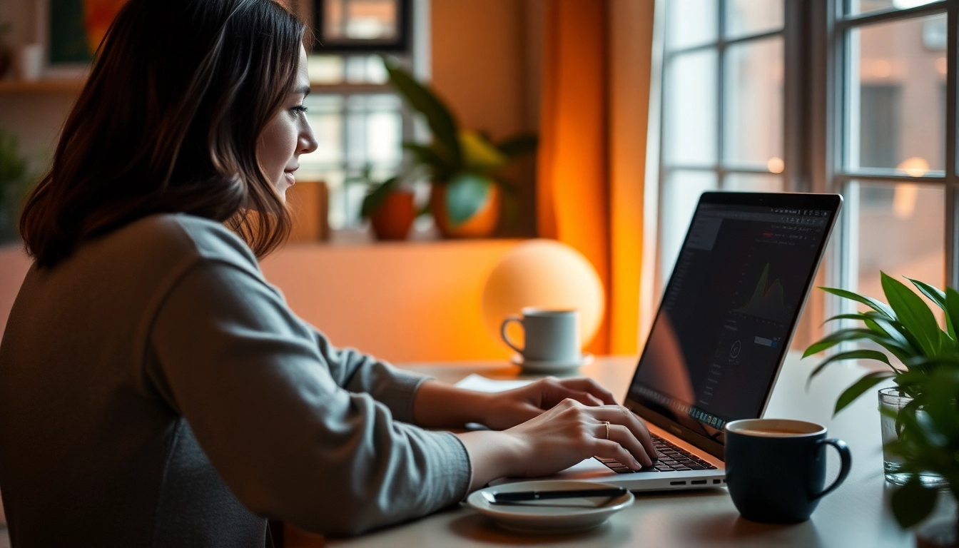 Cómo ganar dinero online con una persona utilizando su laptop en un ambiente inspirador.